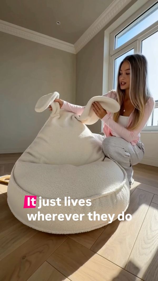 AI ad for Homelittle poufs: woman carrying a boucle pouf