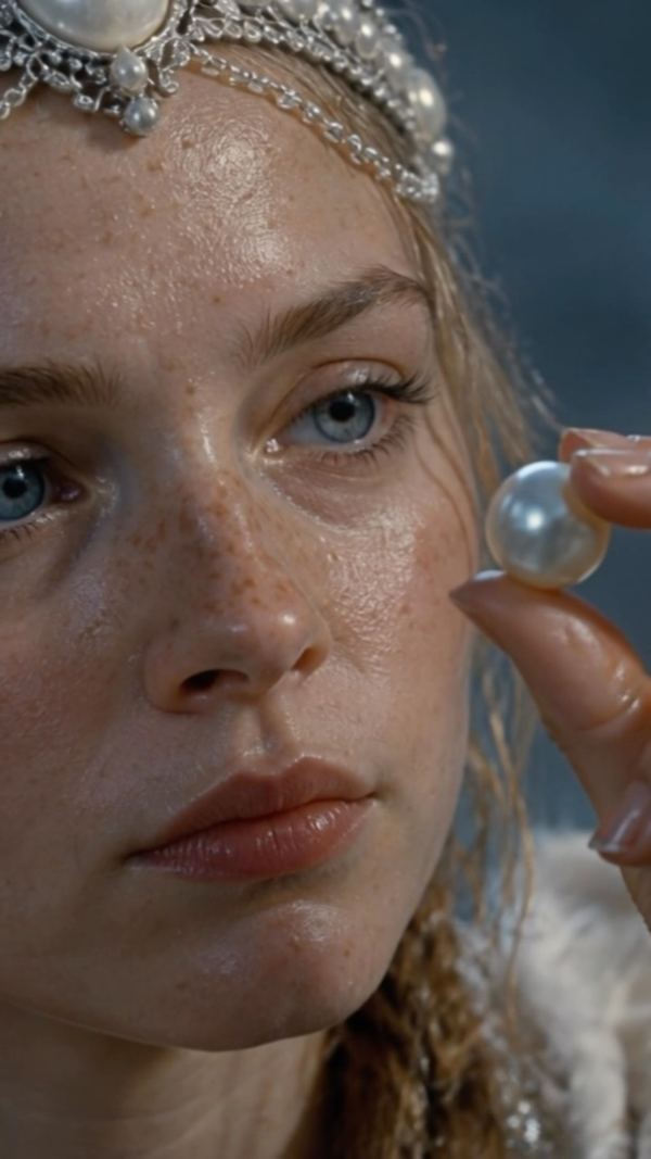 Close-up AI portrait of a freckled woman holding a pearl