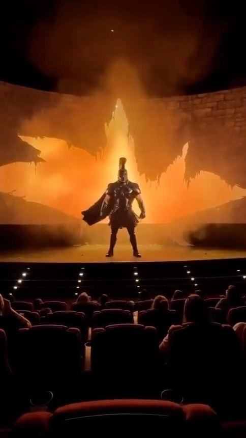 A warrior stepping out of a burning cinema screen into the audience