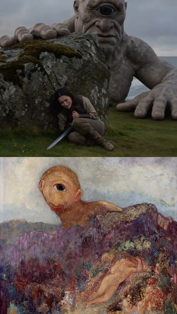 AI scene of Anna as Galatea beside a giant cyclops, with Redon’s painting The Cyclops below