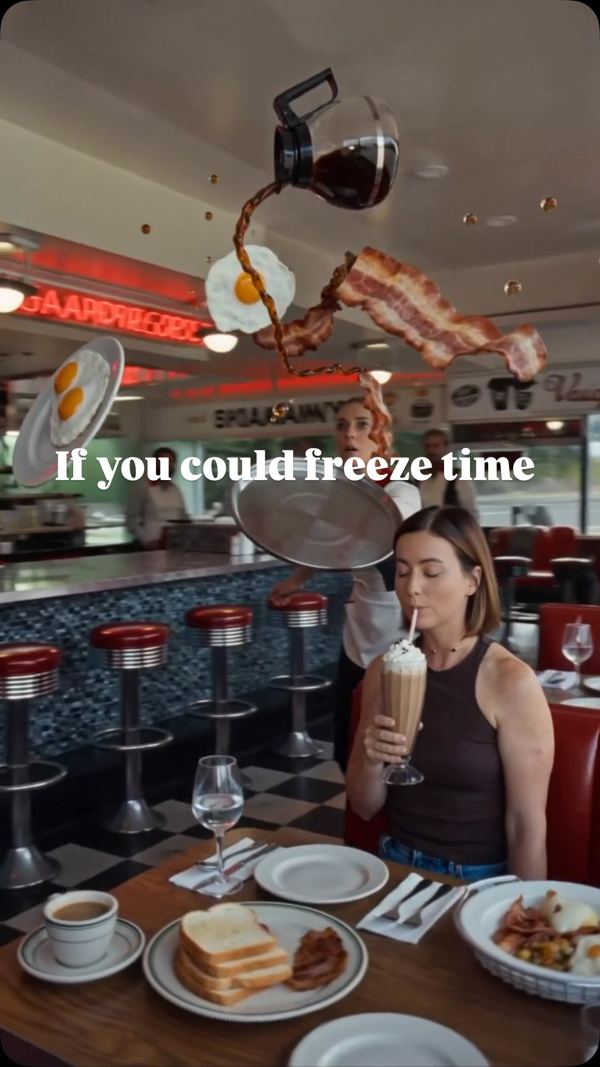 Frozen moment in a diner with coffee and breakfast floating in the air