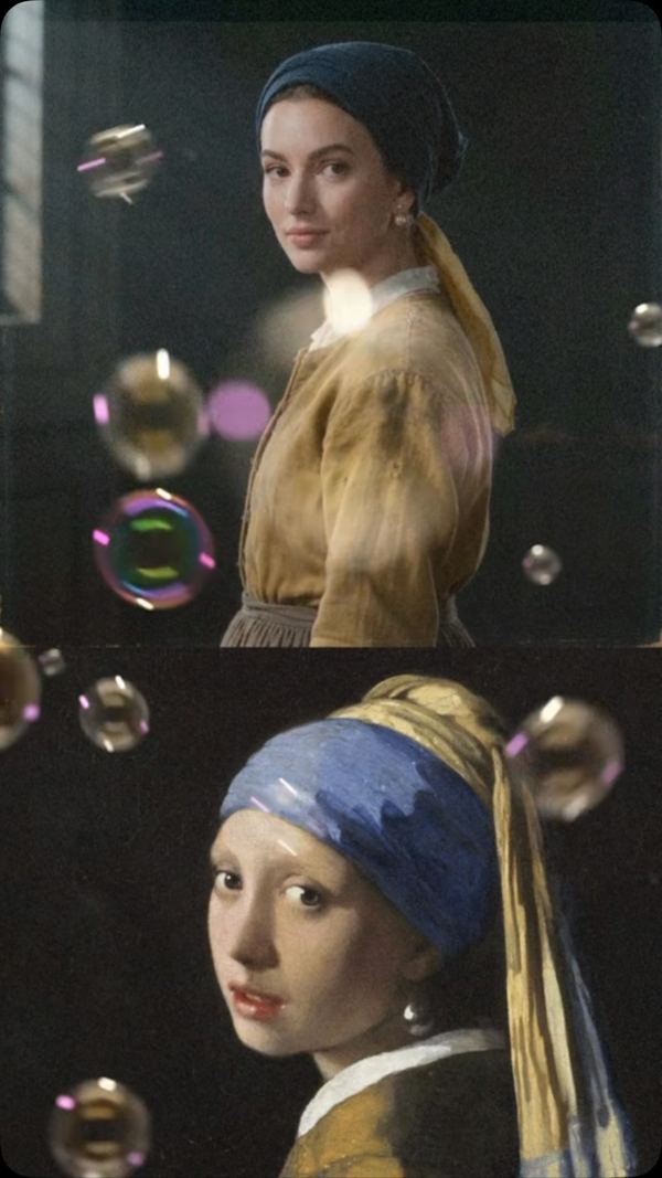 Anna Aleshko recreating Vermeer’s Girl with a Pearl Earring with AI, next to the original painting